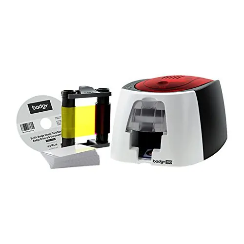 HID 3AX770 — Evolis Badgy200 Plastic ID Card Solution - 100 Card Feeder, 10 Card Output Hopper - 17 Second Mono - 40 Second Color - 300 dpi - 16 MB - USB - Card, PVC Card, Laminated PVC, PVC Composite, PET Card