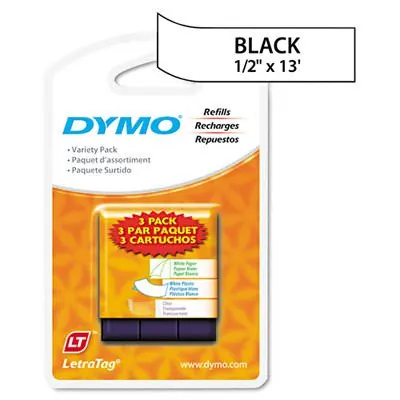 DYMO 12331 — LETRA TAG 3 PAK TAPE, 1/2 X 13, 1 WHITE PAPER TAPE, 1 WHITE PLASTIC, 1 CLEAR PLA