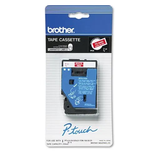 Brother TC54Z1 — BROTHER LAMINATED TAPE - WHITE, RED - 25 FEET - PT6, PT8, PT10, PT12, PT15, PT20