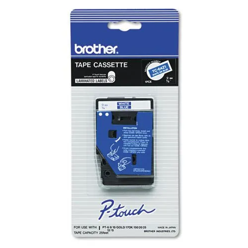 Brother TC64Z1 — P-TOUCH LAMINATED LABEL TAPE - 3/8IN (9MM) WHITE ON BLUE - PRINTER COMPATIBILITY