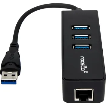 ROCSTOR Y10A179-B1 — PREMIUM 3 PORT PORTABLE USB 3.0 HUB WITH GIGABIT ETHERNET 10/100/1000 - BUILT-IN