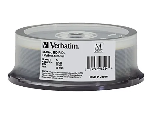 VERBATIM 98924 — Verbatim M-Disc BD-R DL, 98924, 50GB, 6X, Branded Surface, 25PK Spindle