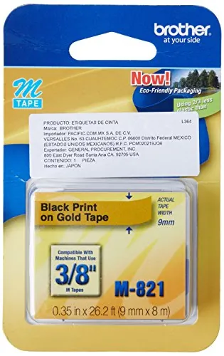 Brother M821 — M821: 3/8 BLACK ON GOLD FOR USE WITH PT-65, 70, 80, 85, 90, 100, 110