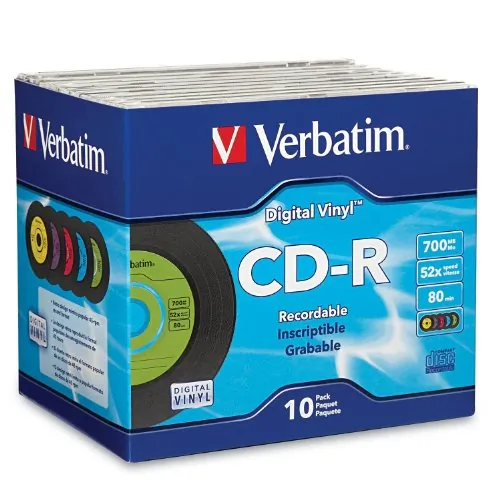 VERBATIM 94439 — Verbatim CD-R, 94439, 700MB, 52X, Digital Vinyl Surface, 10PK Slim Case, Assorted, TAA