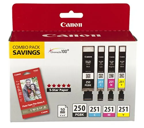 CANON 6497B004 — Canon PGI-250/CLI-251 Ink Cartridge/Paper Kit - Inkjet - Pigment Black, Cyan, Magenta, Yellow - 4 / Pack