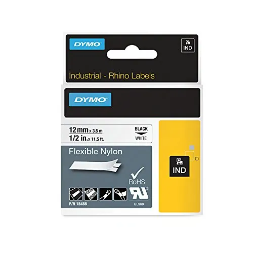 DYMO 18488 — NEWELL-DYMO RHINO 1/2IN (12MM) WHITE FLEXIBLE NYLON LABEL X 11.5 FT. LONG PACKAG
