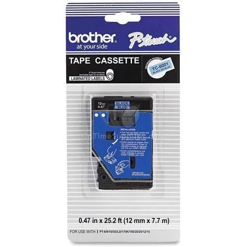 Brother TC6001 — BROTHER LAMINATED TAPE - BLACK ON BLUE - 25 FEET - PT-10, PT-12, PT-12N, PT-15,