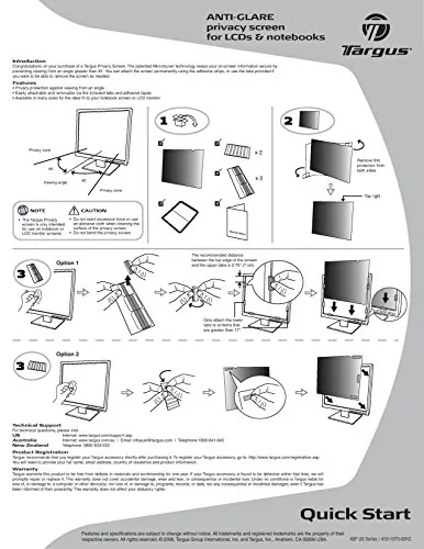 Targus ASF24WUSZ — DESIGNED TO FIT 24 INCH WIDESCREEN LCD MONITOR PRIVACY FILTER PROTECTS VALUABLE