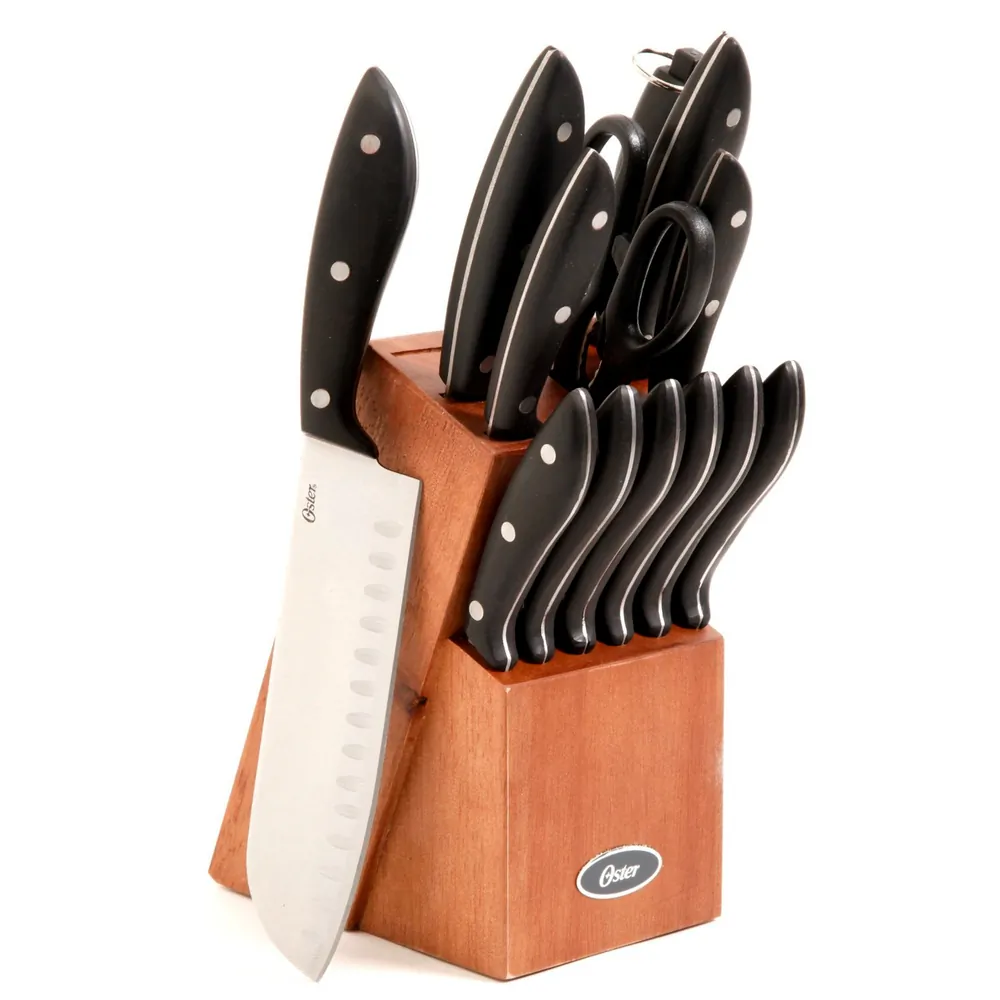 OSTER 60772.14 — Oster Huxford 14 Piece Stainless Steel Cutlery Set with Black Handles and Wooden Block