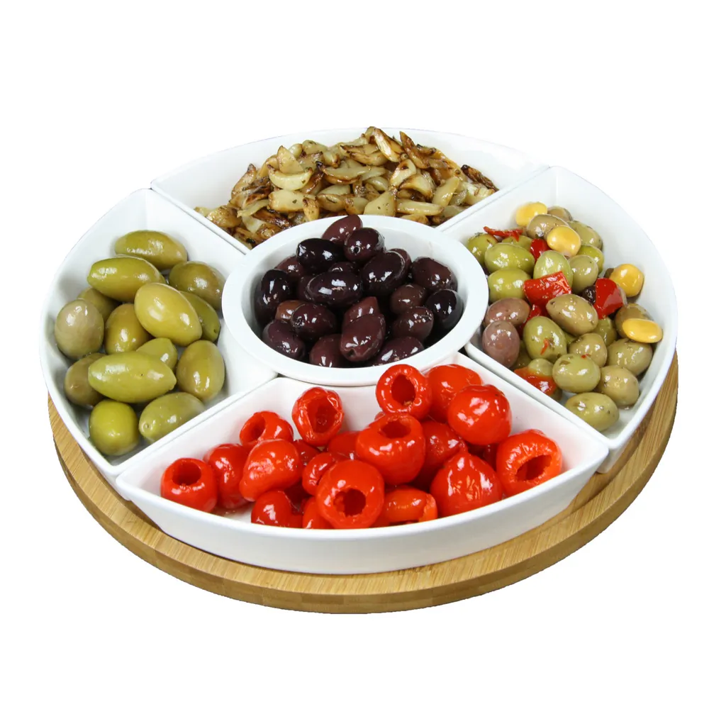 ELAMA EL-179 — Elama Signature 12 1/4 Inch 6-Piece Lazy Susan Appetizer and Condiment Server Set with 5 Serving Dishes and a Bamboo Lazy Suzan Serving Tray