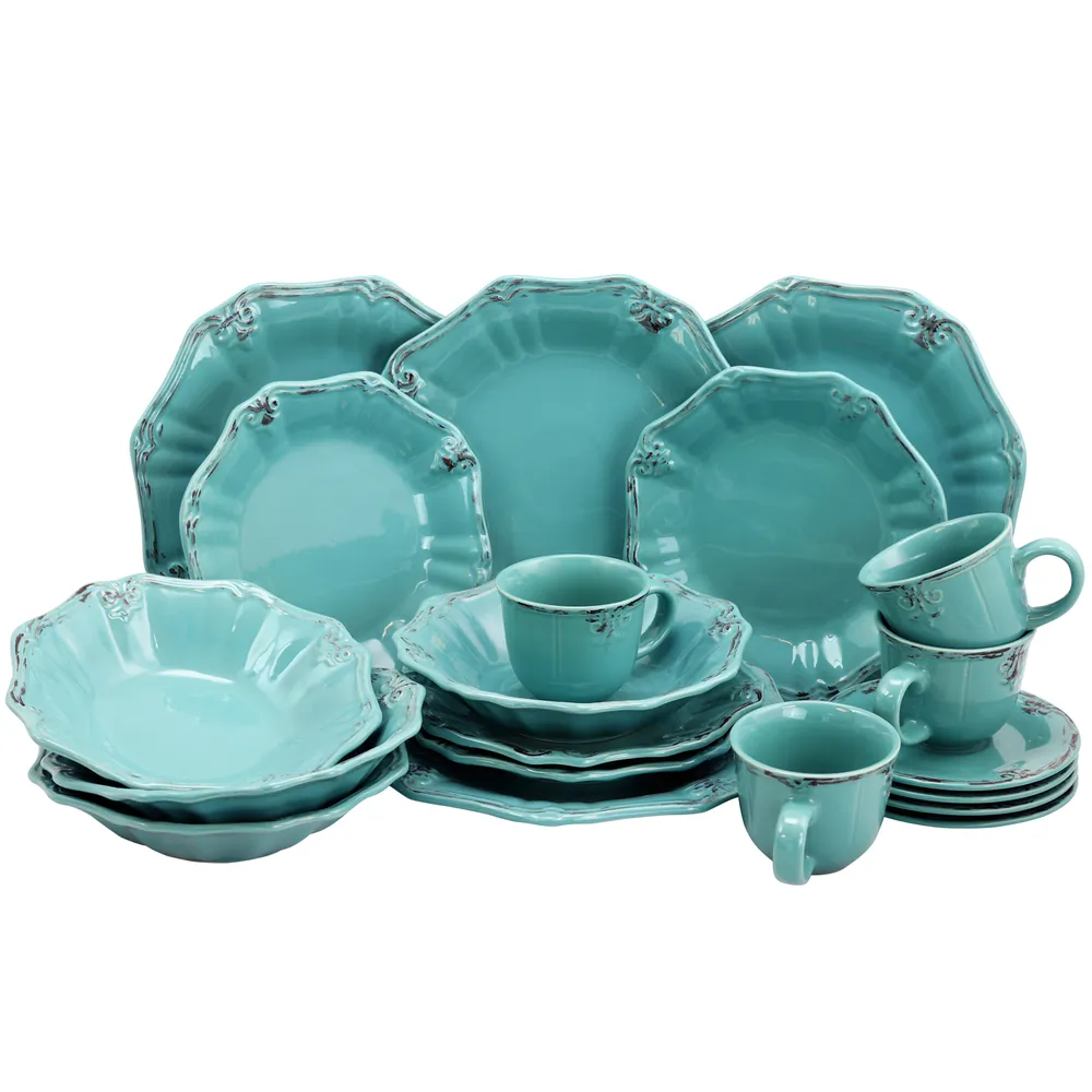 ELAMA ELM-FLEURDELYS-TURQUOISE — Elama Fleur De Lys 20-Piece Dinnerware Set in Turquoise