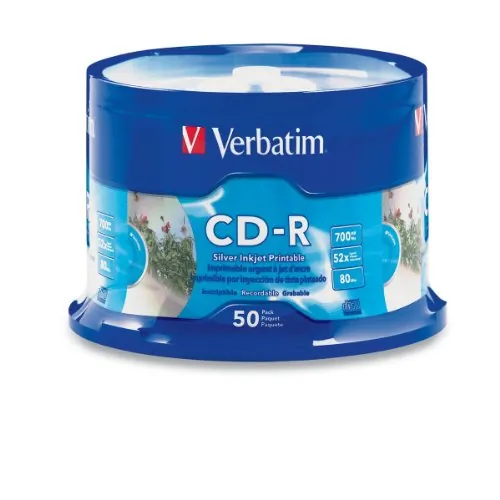 VERBATIM 95005 — VERBATIM CD-R 700MB 52X SILVER INKJET PRINTABLE - 50PK SPINDLE - UP TO 80 MINUTE
