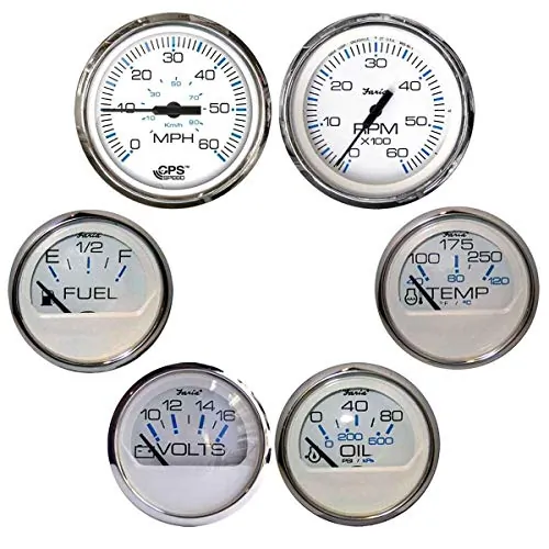 Faria Beede Instruments KTF063 — Faria Chesapeake White w/Stainless Steel Bezel Boxed Set of 6 - Speed, Tach, Fuel Level, Voltmeter, Water Temperature & Oil PSI - Inboard Motors
