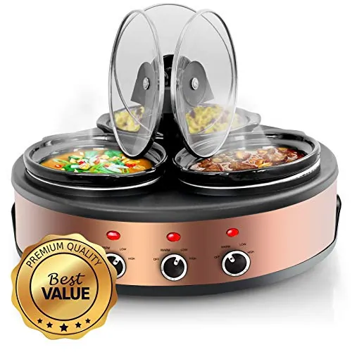 MegaChef MC-1103 — MegaChef Round Triple 1.5 Quart Slow Cooker and Buffet Server in Brushed Copper and Black Finish with 3 Ceramic Cooking Pots and Removable Lid Rests