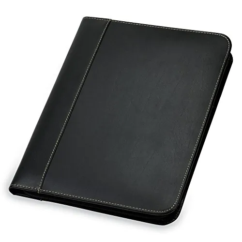 Samsill 71720 — Black Leather Zippered Portfolio with Contrast Stitching