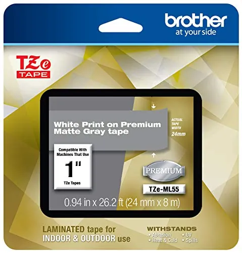 Brother TZeML55 — 24MM White Tape on Matte Light Gray - 8M Length