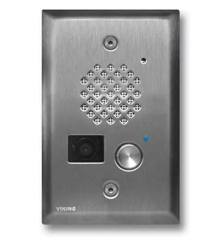 Viking Electronics VK-E-40-SS-EWP — Stainless Steel Entry Phone with Automatic Disconnect and Blue LED Flush Mounts in Single Gang Box or Surface Mount with an Optional VE-3x5 with Enhanced Weather Protection (EWP)