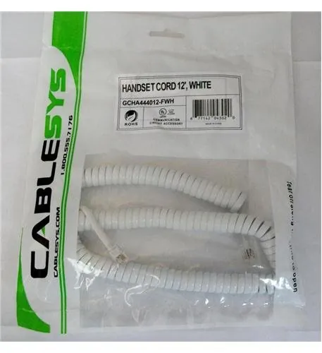 Cablesys 1200WH — 12 Ft Curly Telephone Handset Cord - White - 1.5 Inch Lead