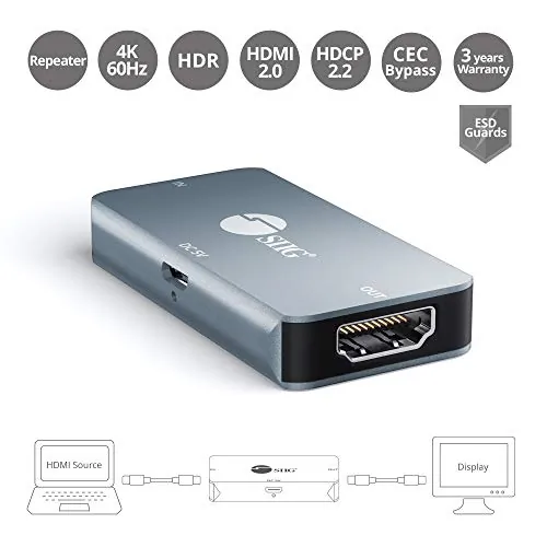 Siig CE-H24K11-S1 — TRUE 4K PERFORMANCE HDMI REPEATER EXTENDS 4K@60HZ HDMI SIGNAL TRANSMISSION TO UP