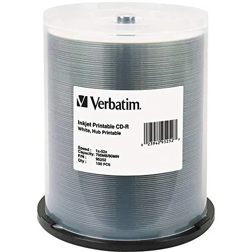 VERBATIM 95252 — 100PK CD-R 80MIN 700MB 52X  WH IJ HUB