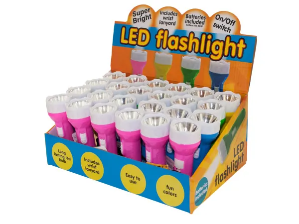 Bulk Buys EC009 — Bright LED Flashlight Assorted Colors Display - 24 Pack