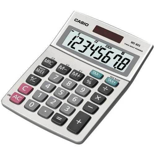 Casio RA3464 — Casio MS80 Desktop Solar Tax Calculator - Extra Large Display, Dual Power, Rubber Feet, Key Rollover, 3-Key Memory, Sign Change, Easy-to-read Display, Independent Memory - Battery, Solar Powered - 5.8 x 4.1 x 1.1 - Metal, Plastic - 1 Each