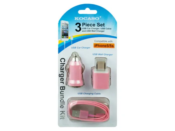 bulk buys EN289 - Stylish Pink iPhone Charging Kit with Wall & Car Chargers