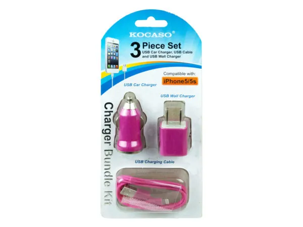 bulk buys EN287 - Hot Pink 3-Piece iPhone Charging Set - Wall & Car Chargers