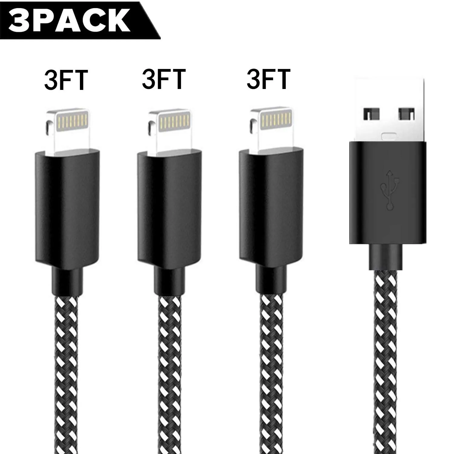 SHARLLEN SHARLLEN — IPHONE CHARGER CABLE MFI CERTIFIED LIGHTNING CABLE 3PACK 3FT LONG NYLON BRAIDED FAST USB IPHONE DATA LINE WIRE CABLE CHARGING CORD COMPATIBLE IPHONE XSMAXXRX876IPADIPOD BLACK WHITE