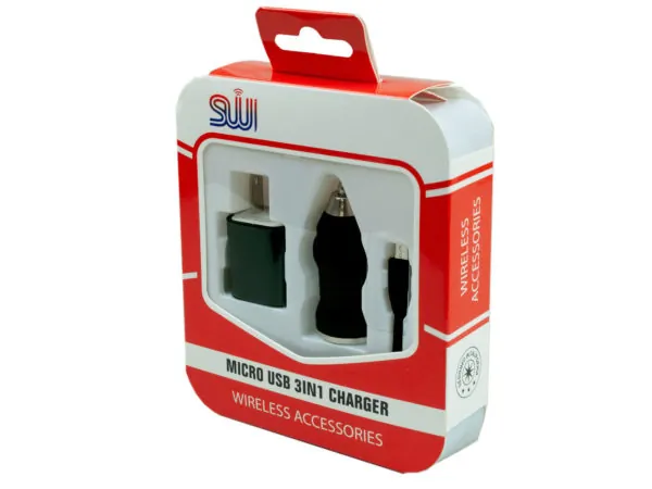 Bulk Buys EN461 — 3-in-1 Micro USB Charger Kit - Car, Wall, and Cable