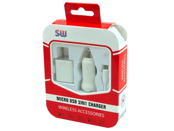 Bulk Buys EN462 — Versatile 3-in-1 USB Charger Kit - Car & Wall Charger