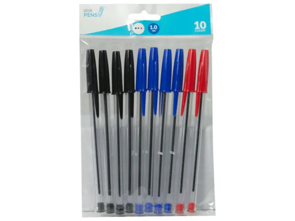 bulk buys CI195 - Colored Ballpoint Stick Pens (10-Pack) - Black, Blue, Red
