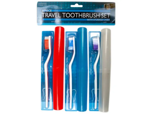bulk buys BI988 - Travel Toothbrush Set - 6 Pieces with Colorful Cases