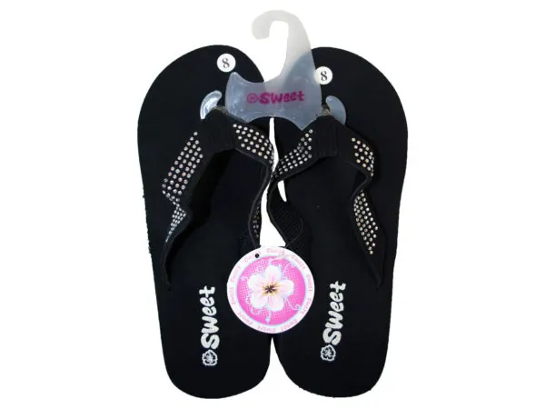 bulk buys KL747 - Glamorous Black Wedge Flip Flop Sandals with Rhinestones