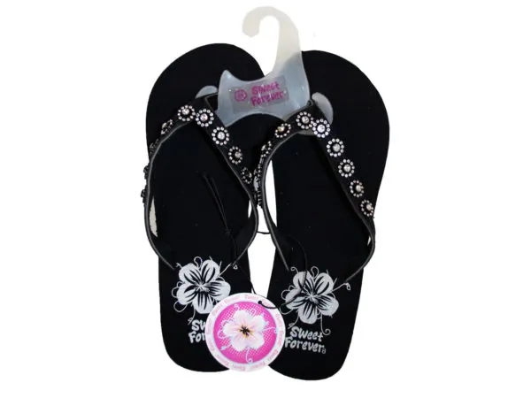 Bulk Buys KL748 — Chic Black Wedge Flip Flop Sandals with Silver Details 5-10