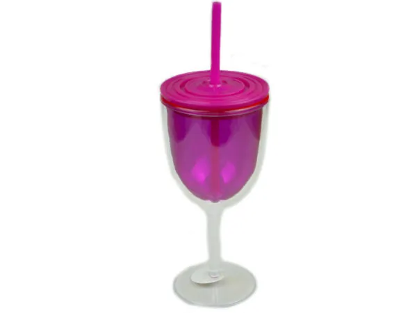 Bulk Buys BK106 — Hot Pink Double-Walled 12oz Wine Sipper with Lid & Straw