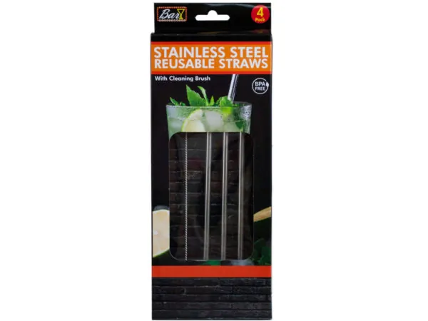 Bulk Buys GE108 — Set of 4 Premium Stainless Steel Reusable Straws