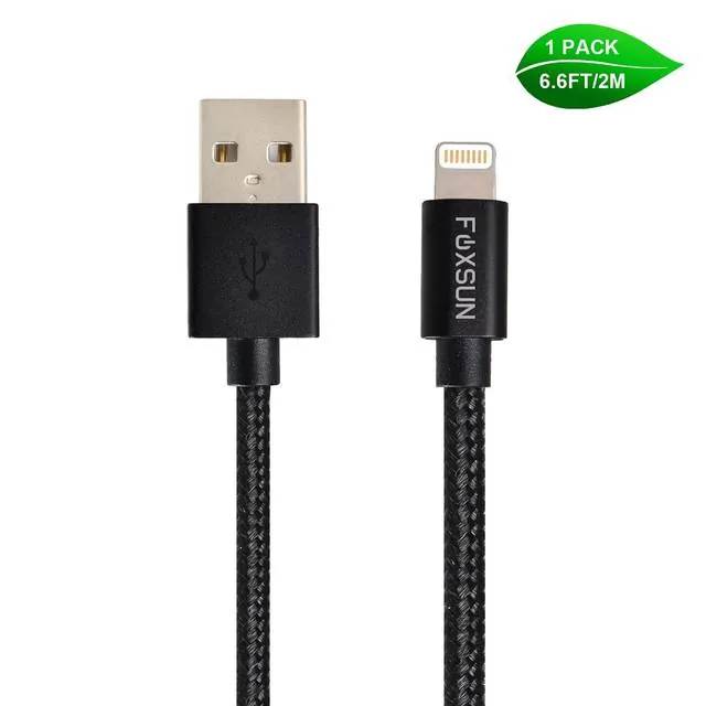 Foxsun AM001022 — Foxsun AM001022 iPhone Charging Cable 6.6 FT/2M Nylon Braided Lightning Cable for iPhone 7/7Plus/6/6Plus/6S/6S Plus/5/5S/5C/SE, iPad Pro/Air/Mini (Black)