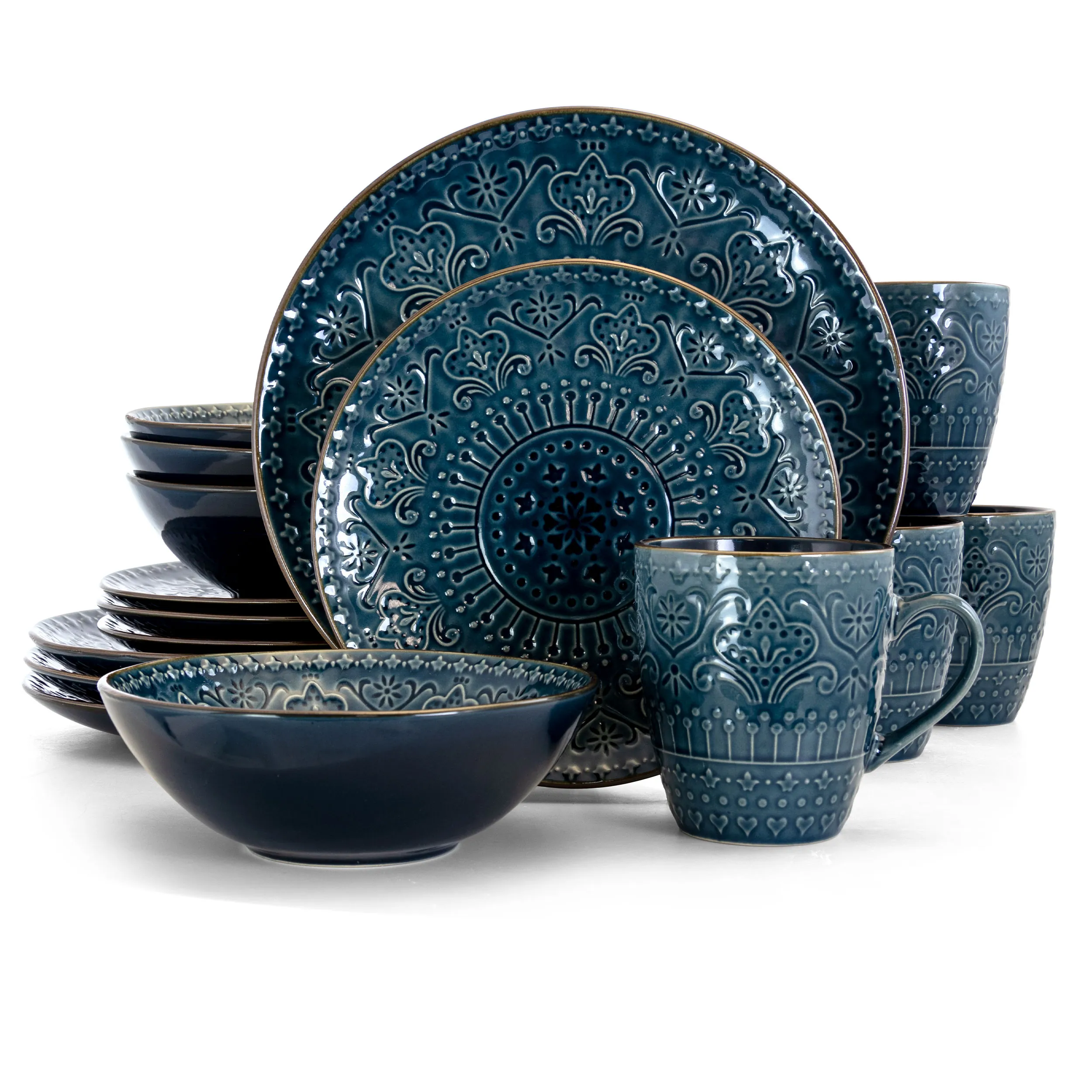 ELAMA EL-DEEPSEAMOZAIC — Elama Deep Sea Mozaic 16 Piece Luxurious Stoneware Dinnerware with Complete Setting for 4