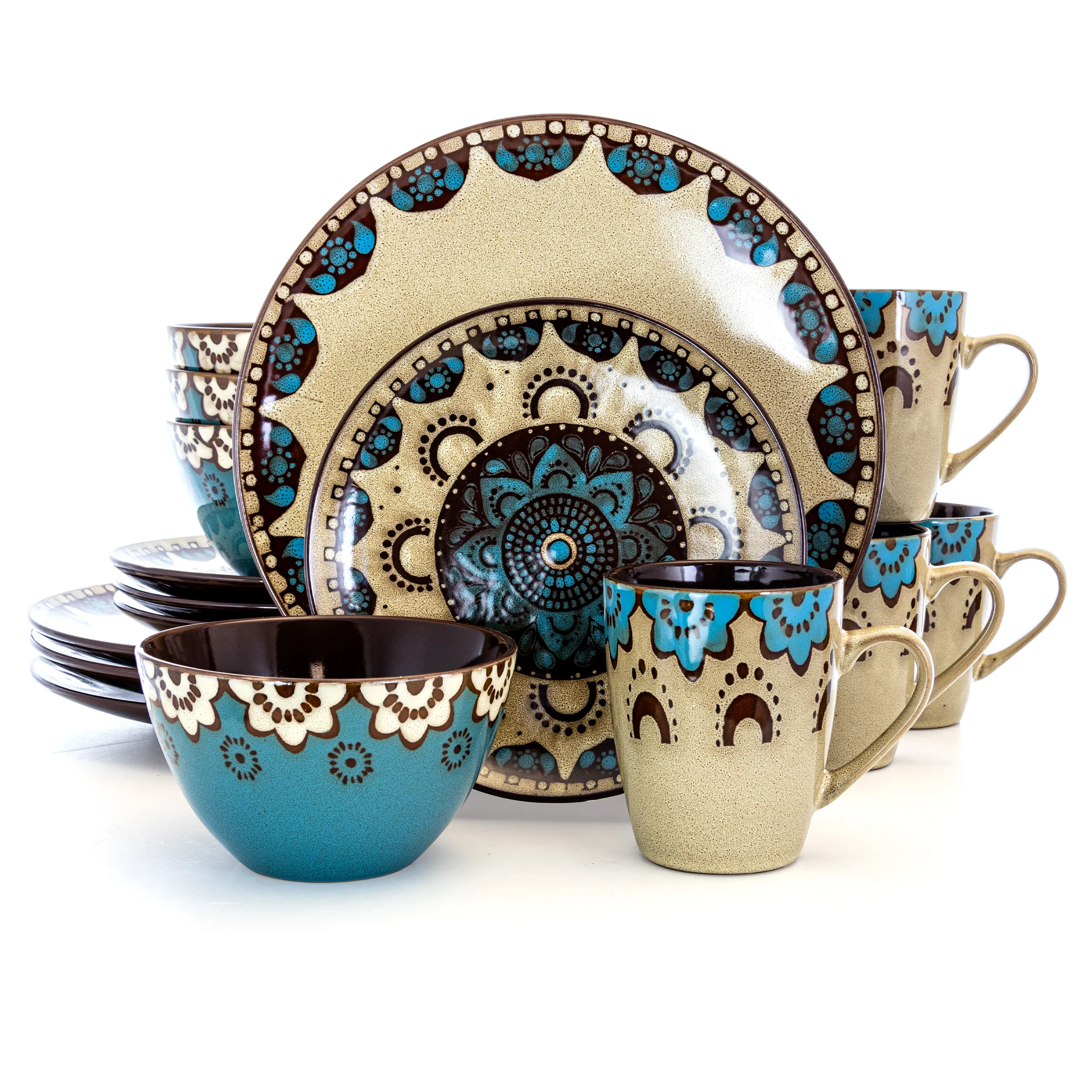 ELAMA EL-CLAYHEART16 — Elama Clay Heart 16-Piece Stoneware Dinner Set - Tan & Blue