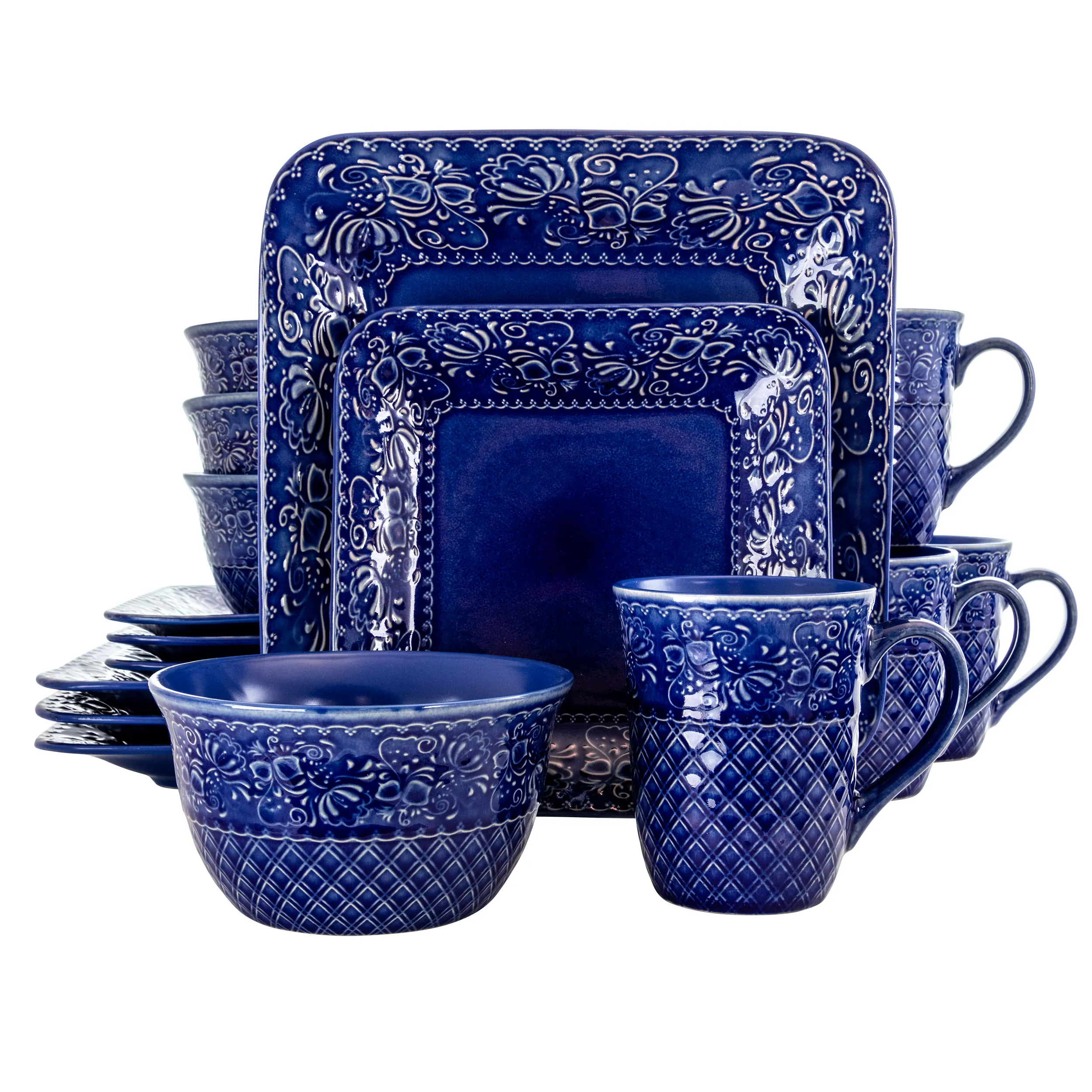 ELAMA EL-INDIGOLOTUS — Elama Indigo Lotus 16 Piece Square Dinnerware Set