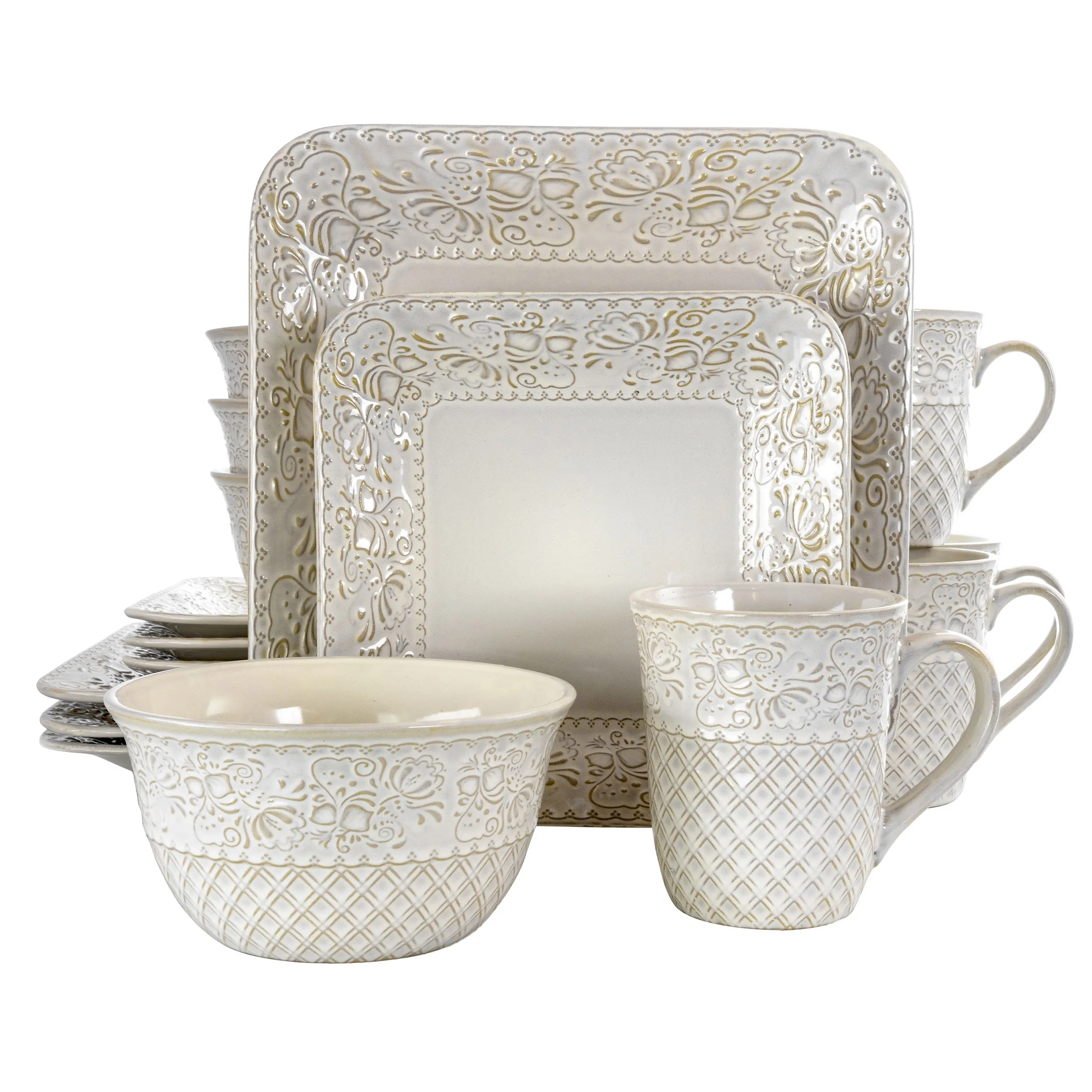 ELAMA EL-IVORYLOTUS — Elama Ivory Lotus 16 Piece Square Dinnerware Set