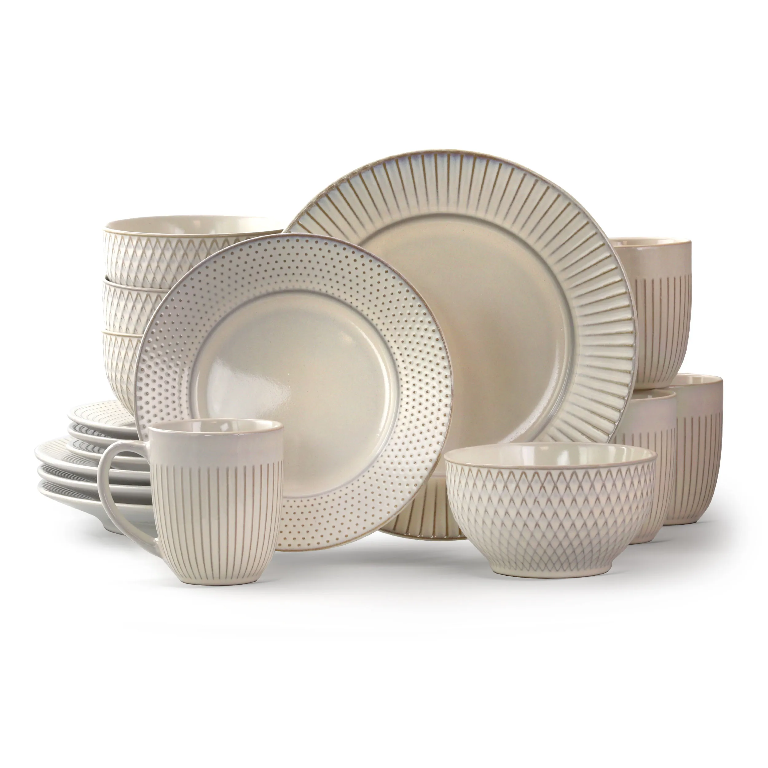 ELAMA EL-MARKETFINDS16 — Elama Market Finds 16 Piece Round Stoneware Dinnerware Set in Embossed White