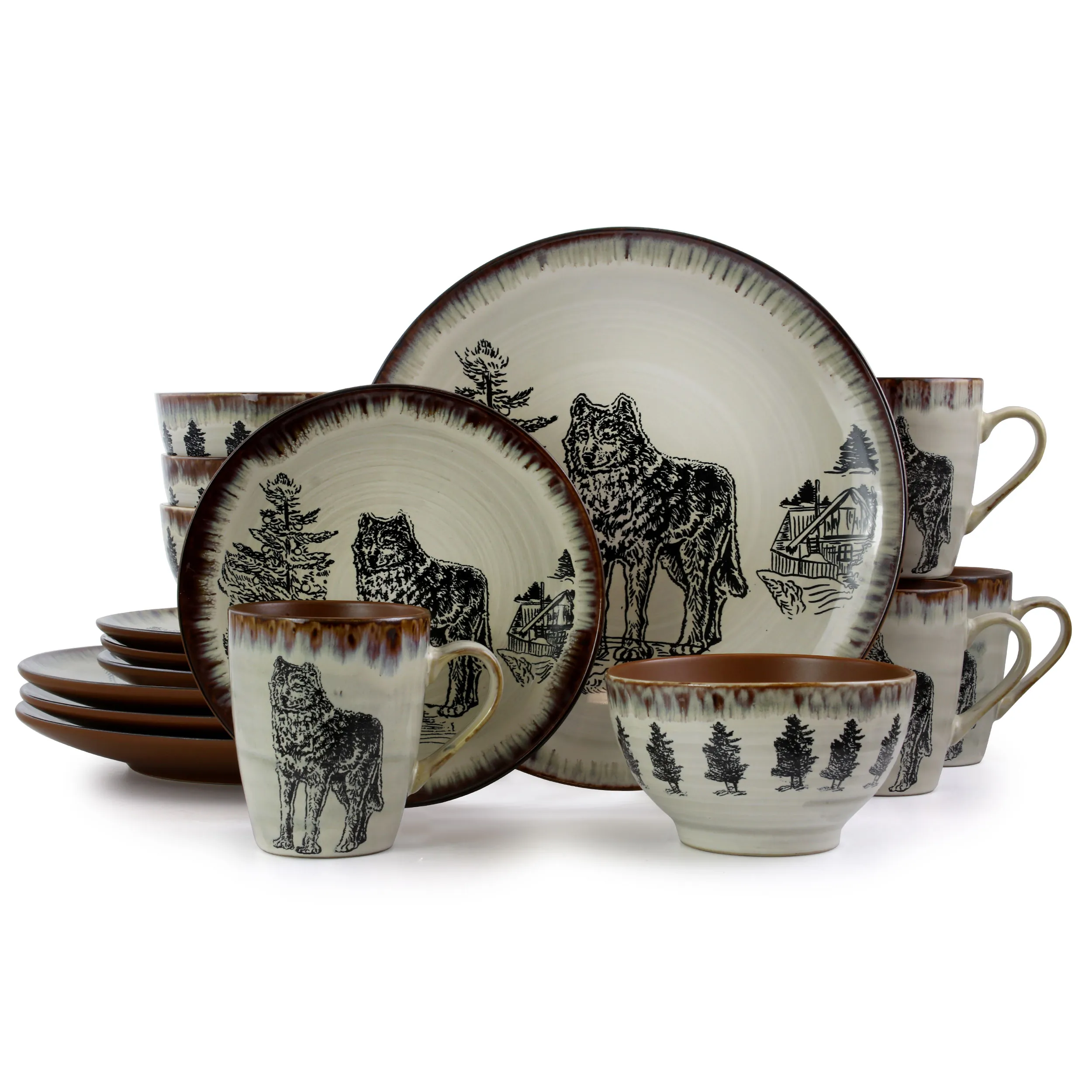ELAMA EL-MAJESTICWOLF16 — Elama Majestic Wolf 16 Piece Luxurious Stoneware Dinnerware with Complete Setting for 4