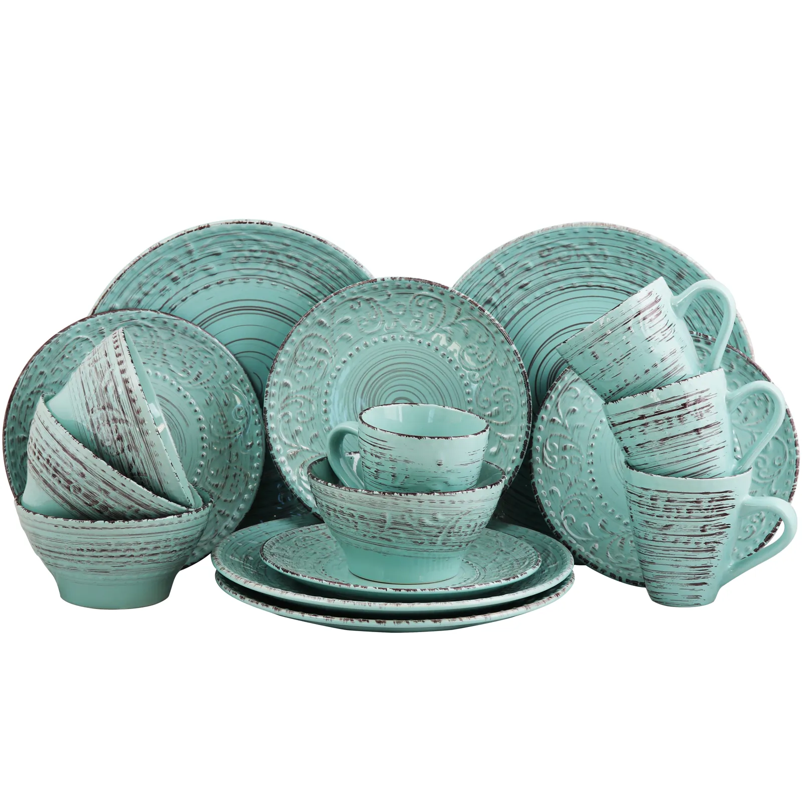 ELAMA ELM-MALIBU-WAVES — Elama Malibu Waves 16-Piece Dinnerware Set in Turquoise