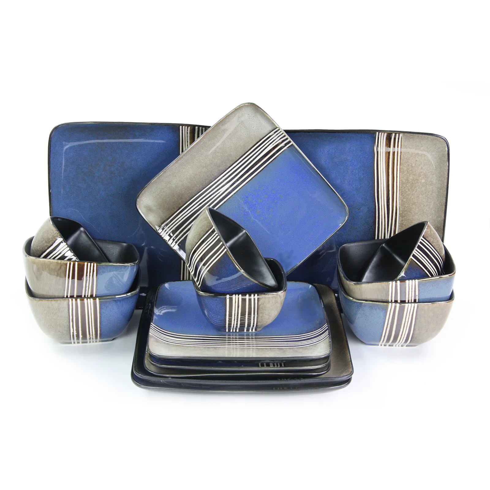 ELAMA ELM-UPTOWN16 — Elama Uptown Loft 16 Piece Double Bowl Stoneware Dinnerware Set with Service for 4. Modern Stoneware set with a Double Bowl table setting for 4. Ready to make a statement at your next dinner party. With a sophisticated and bold color block design this set is pure style and individuality.