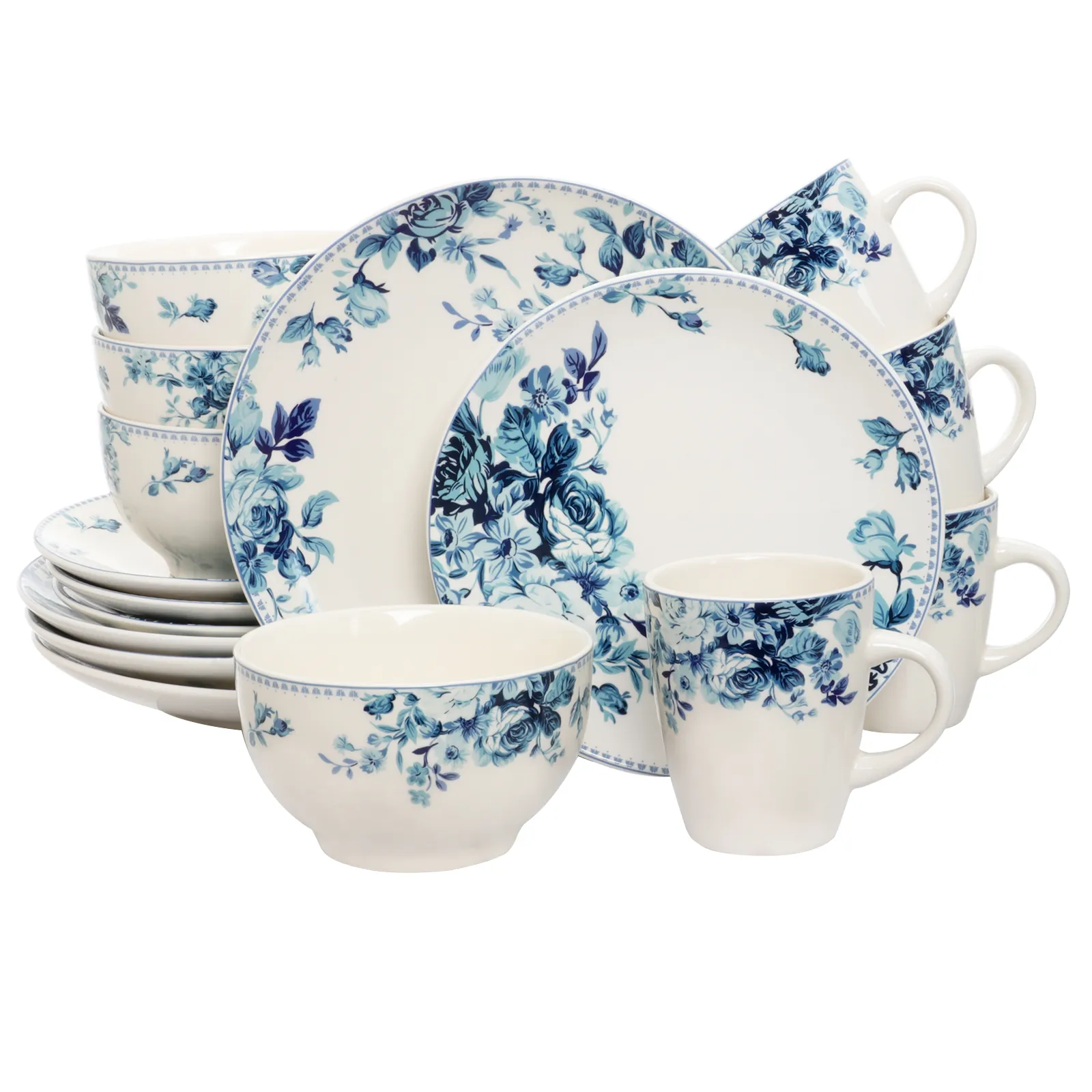 ELAMA EL-BLUE-ROSE — Elama Traditional Blue Rose 16 Piece Dinnerware Set