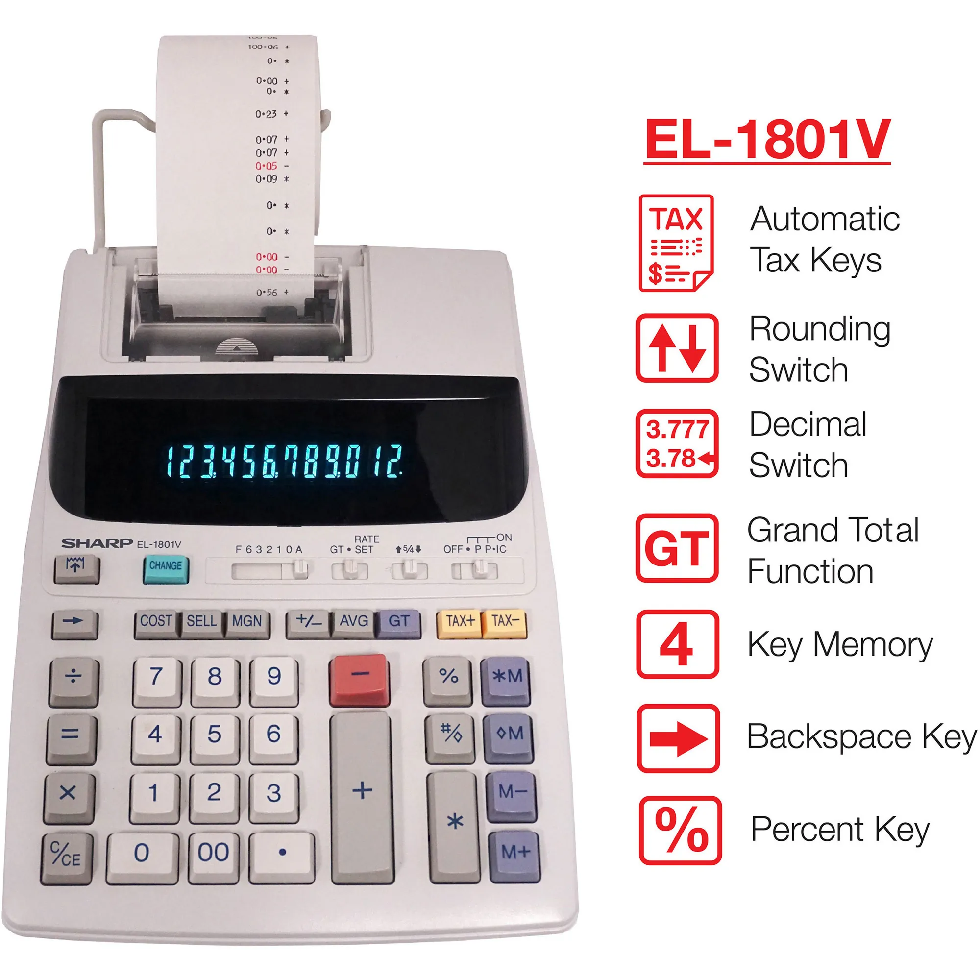 SHARP NEC EL1801V — Sharp EL-1801V 12 Digit Printing Calculator - 2.1 LPS - Item Count, Paper Holder, Large Display, 4-Key Memory, Sign Change - Power Adapter Powered - 10.1 x 7.6 x 2.5 x 3.4 - Gray - 1 Each