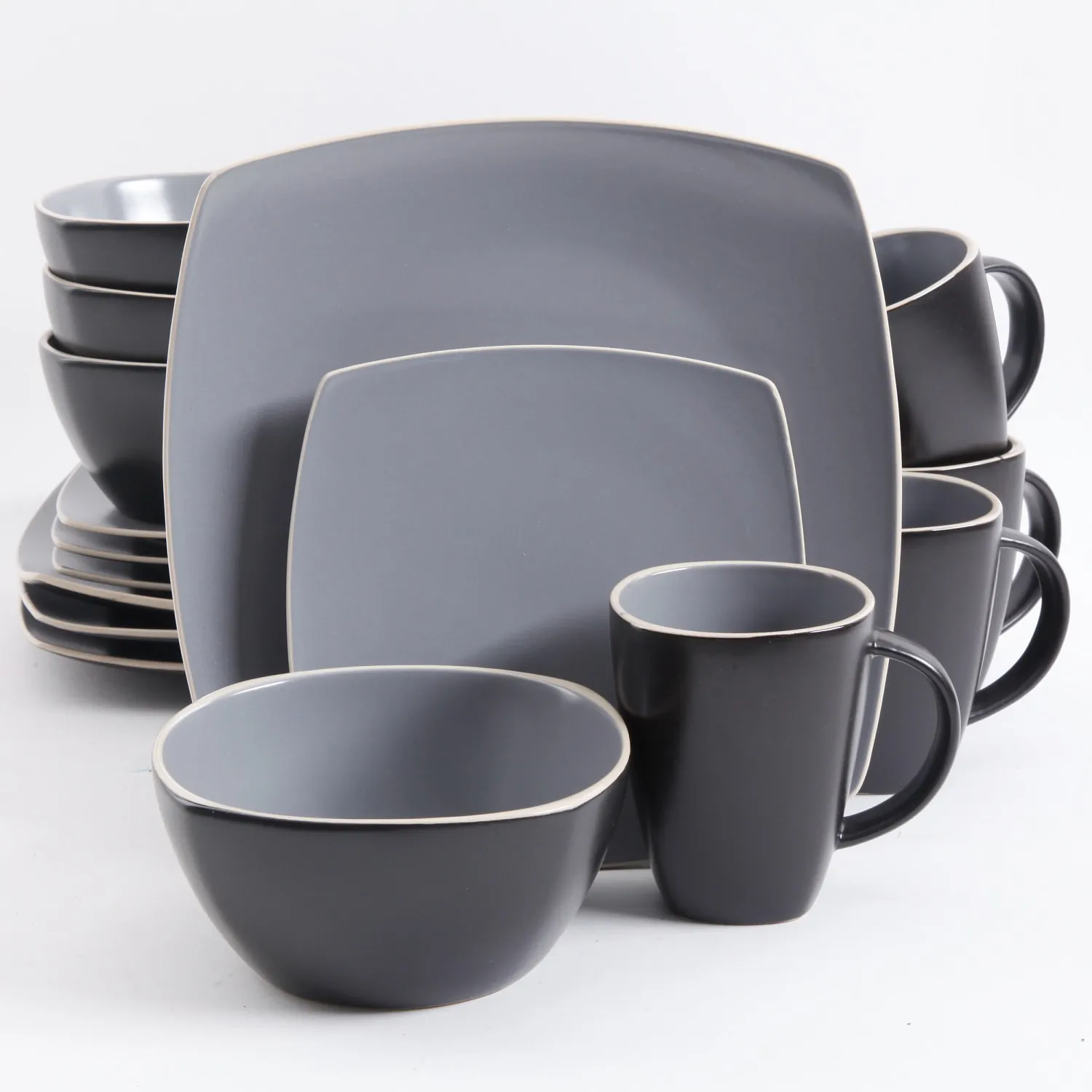 Gibson 94851.16 — Gibson Home Soho Lounge 16 Piece Soft Square Stoneware Dinnerware Set in Grey Matte