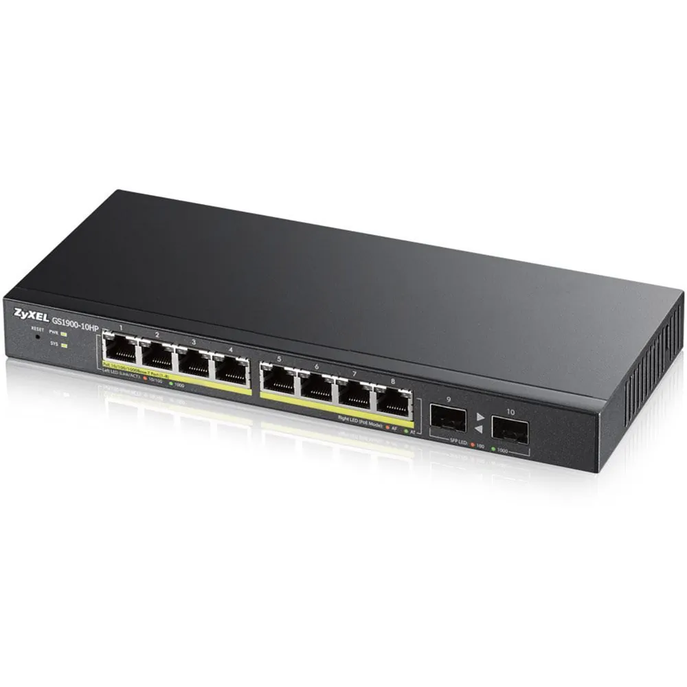 ZYXEL GS1900-10HP — Zyxel Network GS1900-10HP 8Port GbE PoE+L2 Web Managed Switch with2 SFP 77W Retail